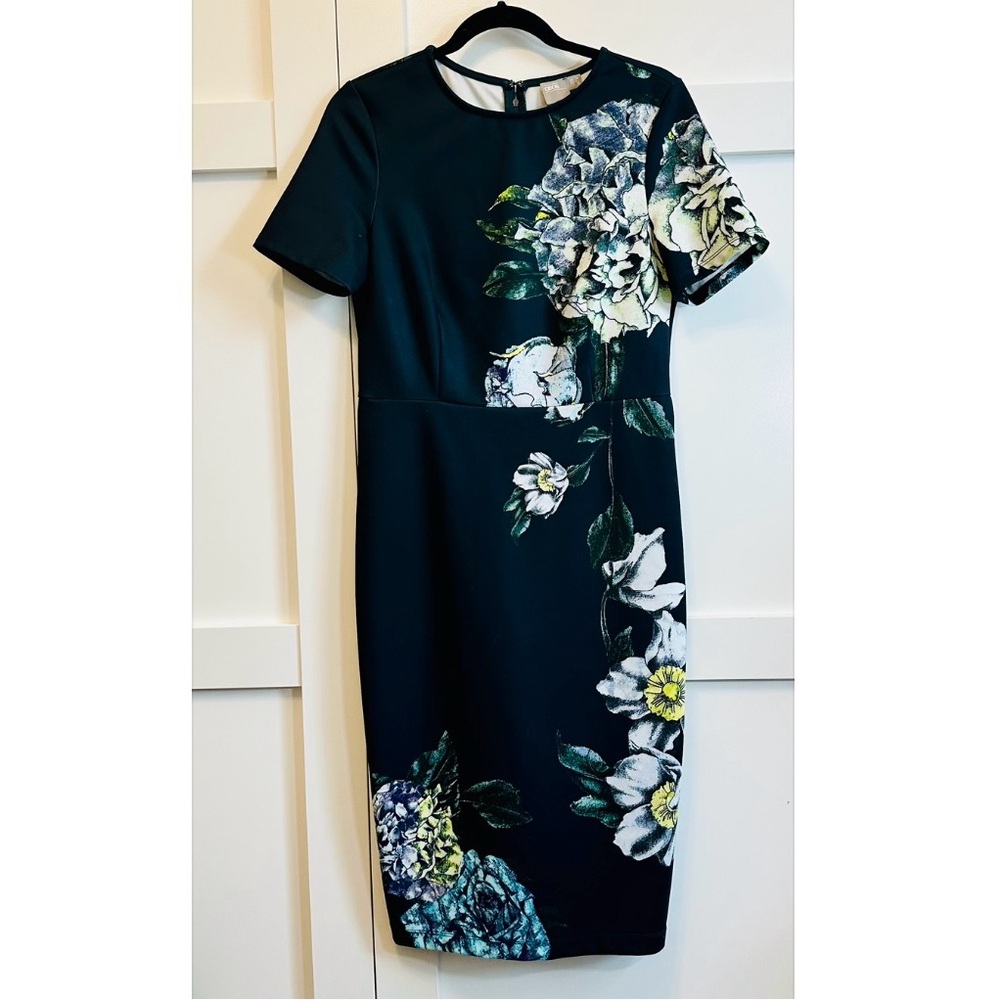 ASOS Dress Short Sleeve Light Scuba Black White Blue Yellow Floral Sz 10 M